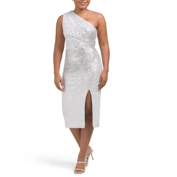 DRESS THE POPULATION white/silver Palmer One Shoulder Sequin Dress - Picture 1 of 2